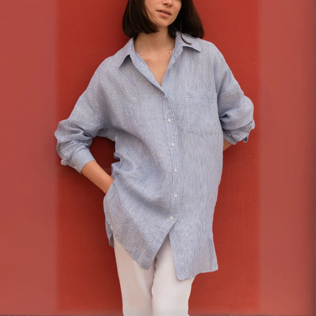 Blue White Stripes Linen Rondo Shirt