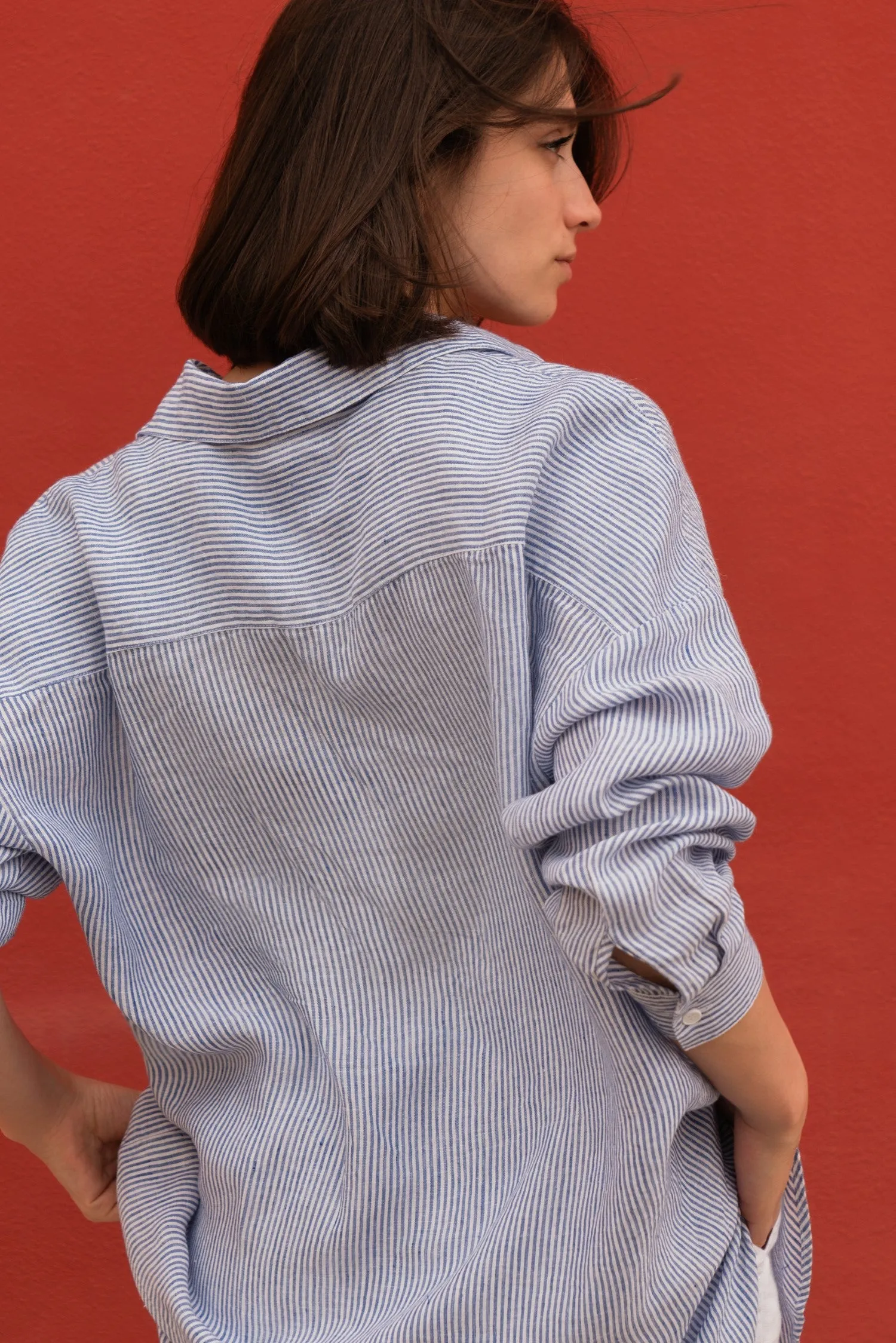 Blue White Stripes Linen Rondo Shirt