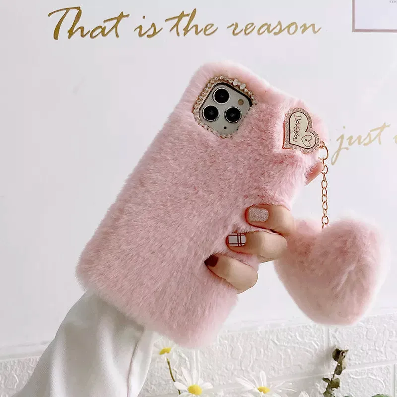 Luxury Love Pendant Cute Plush Fur Phone Case Cover For iPhone 15 14 13 12 Pro Max