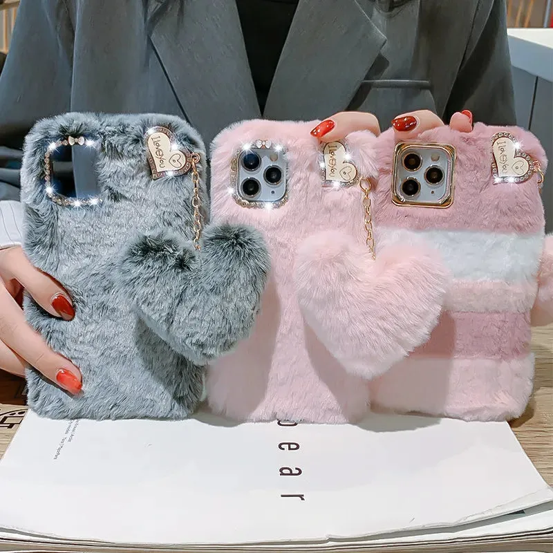 Luxury Love Pendant Cute Plush Fur Phone Case Cover For iPhone 15 14 13 12 Pro Max