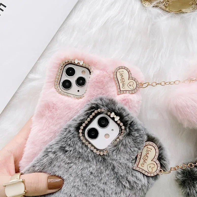 Luxury Love Pendant Cute Plush Fur Phone Case Cover For iPhone 15 14 13 12 Pro Max
