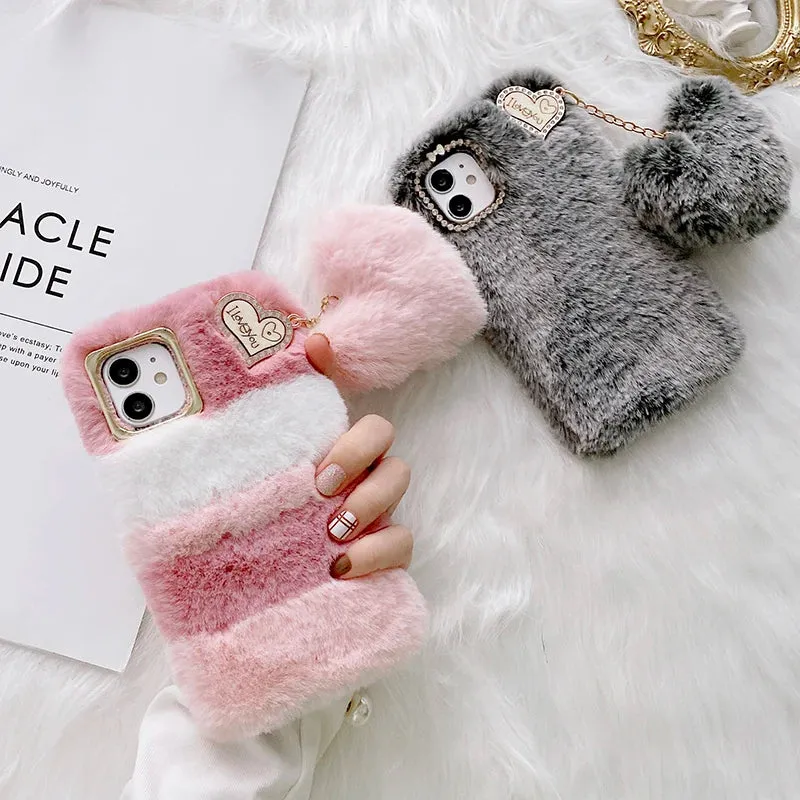 Luxury Love Pendant Cute Plush Fur Phone Case Cover For iPhone 15 14 13 12 Pro Max