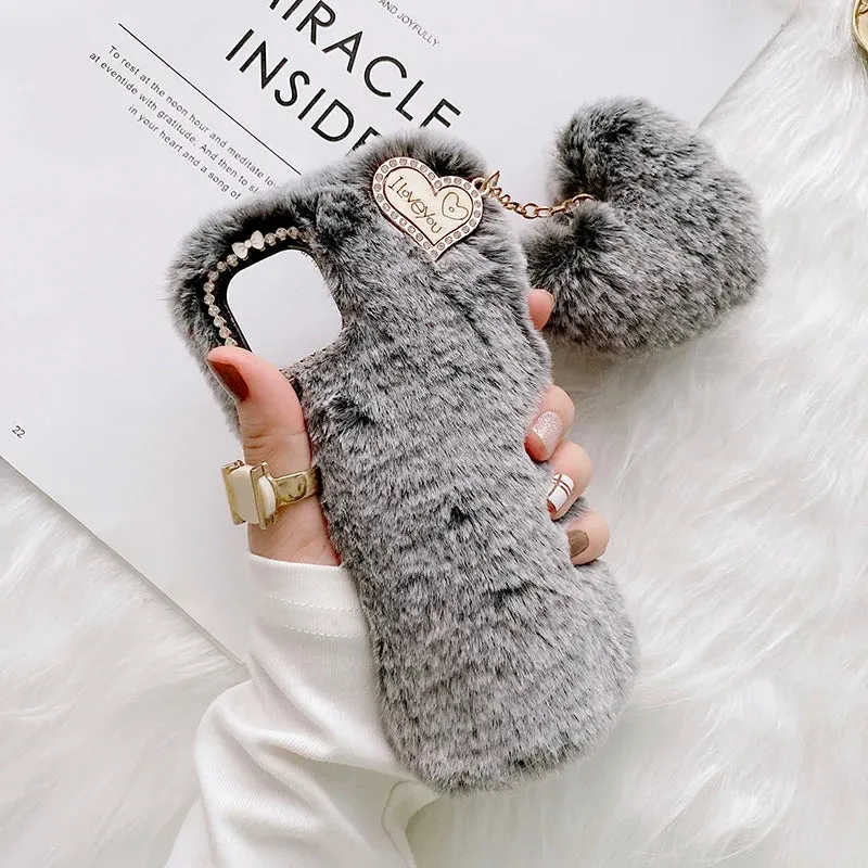 Luxury Love Pendant Cute Plush Fur Phone Case Cover For iPhone 15 14 13 12 Pro Max