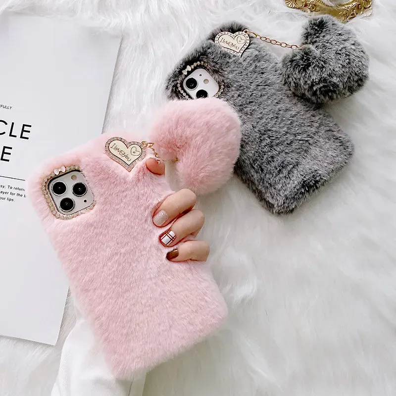 Luxury Love Pendant Cute Plush Fur Phone Case Cover For iPhone 15 14 13 12 Pro Max