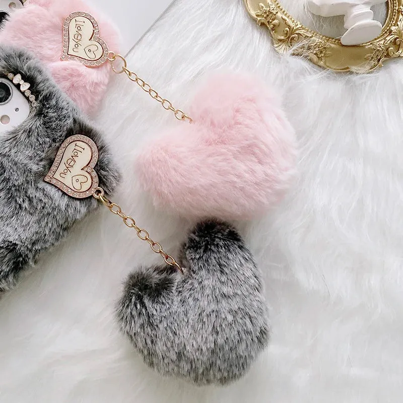 Luxury Love Pendant Cute Plush Fur Phone Case Cover For iPhone 15 14 13 12 Pro Max