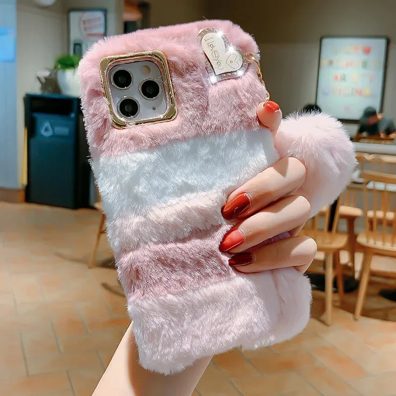 Luxury Love Pendant Cute Plush Fur Phone Case Cover For iPhone 15 14 13 12 Pro Max