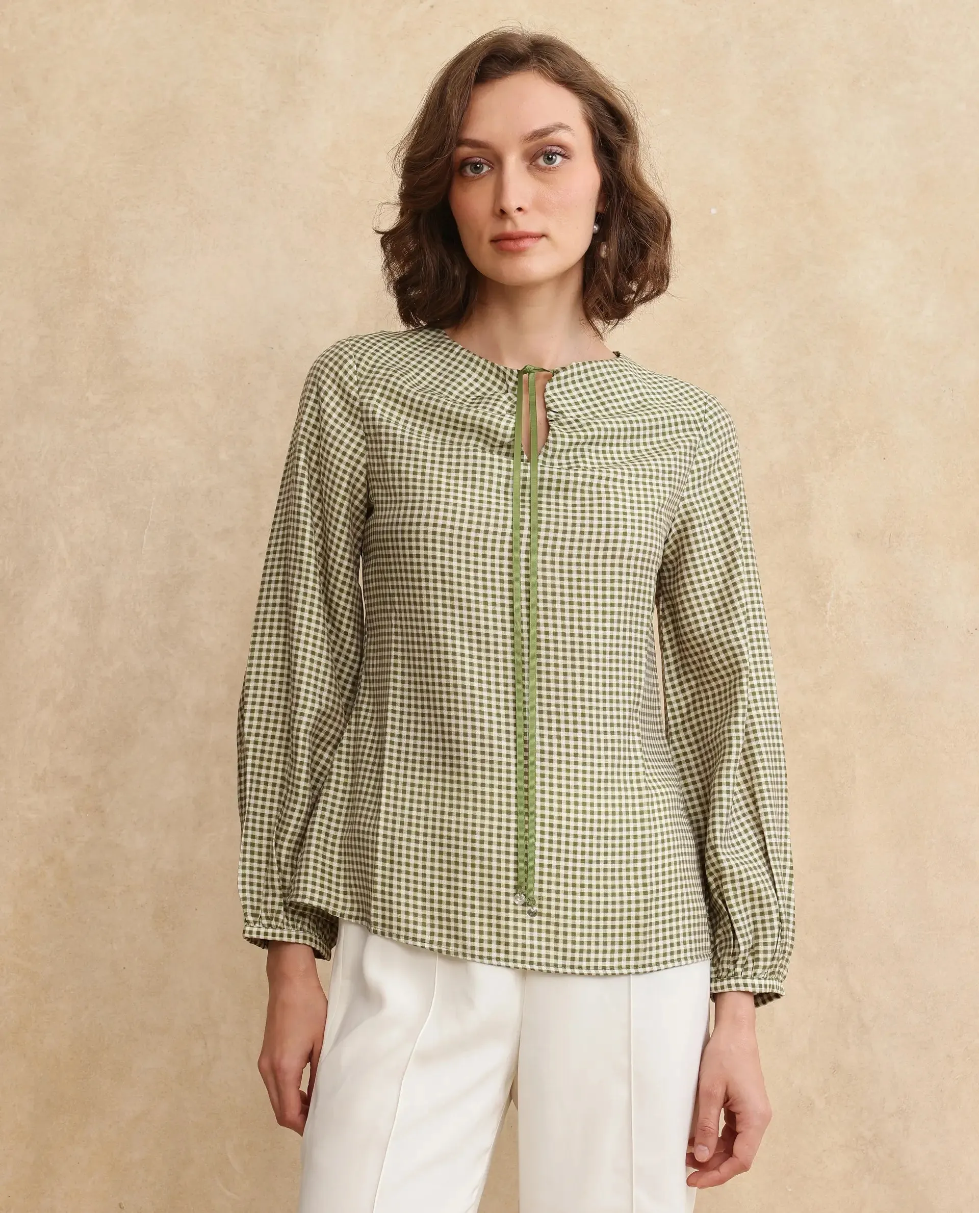 Rareism Women Erlinee Olive Bishop Sleeve Tie-Up Neck Zipper Closure Fitted Flannel Print Top