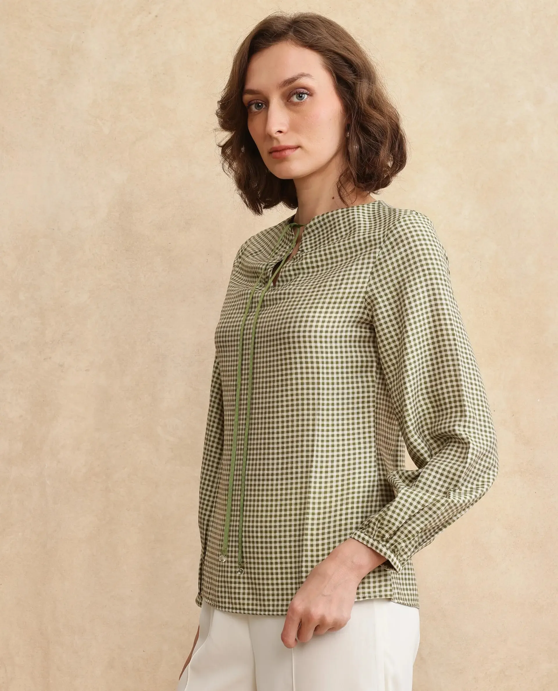 Rareism Women Erlinee Olive Bishop Sleeve Tie-Up Neck Zipper Closure Fitted Flannel Print Top