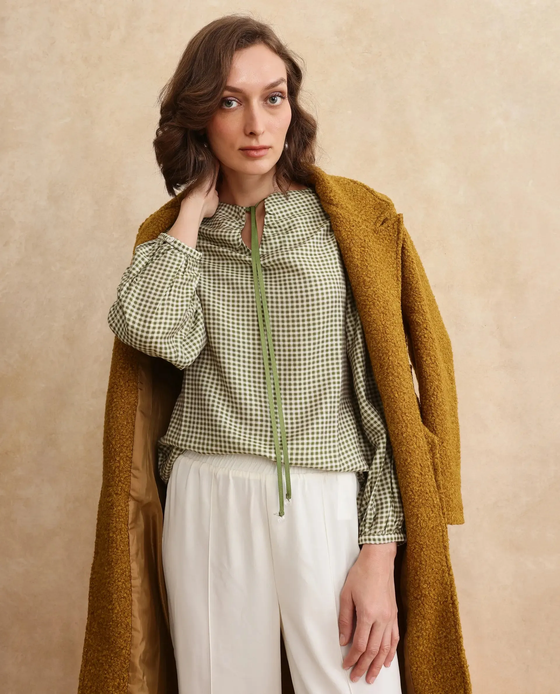Rareism Women Erlinee Olive Bishop Sleeve Tie-Up Neck Zipper Closure Fitted Flannel Print Top