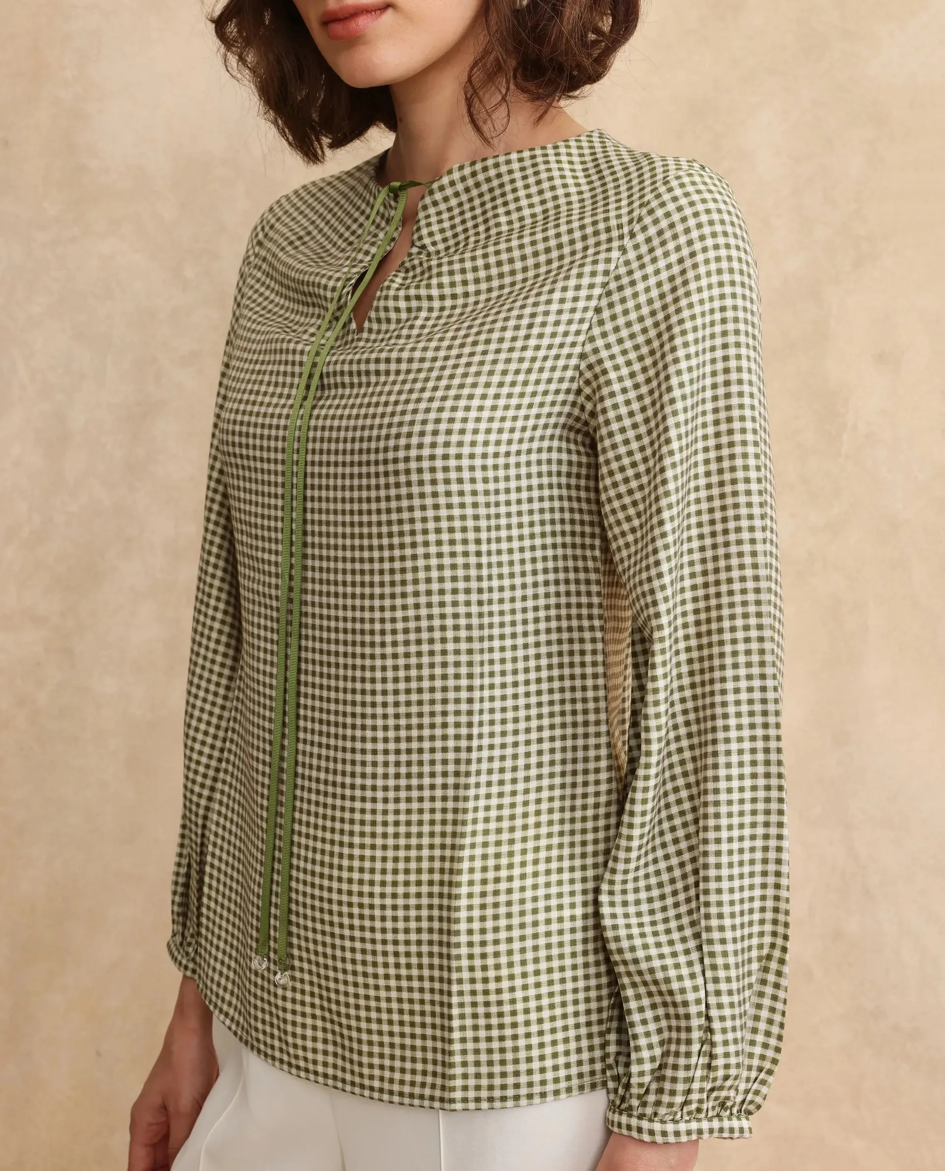 Rareism Women Erlinee Olive Bishop Sleeve Tie-Up Neck Zipper Closure Fitted Flannel Print Top