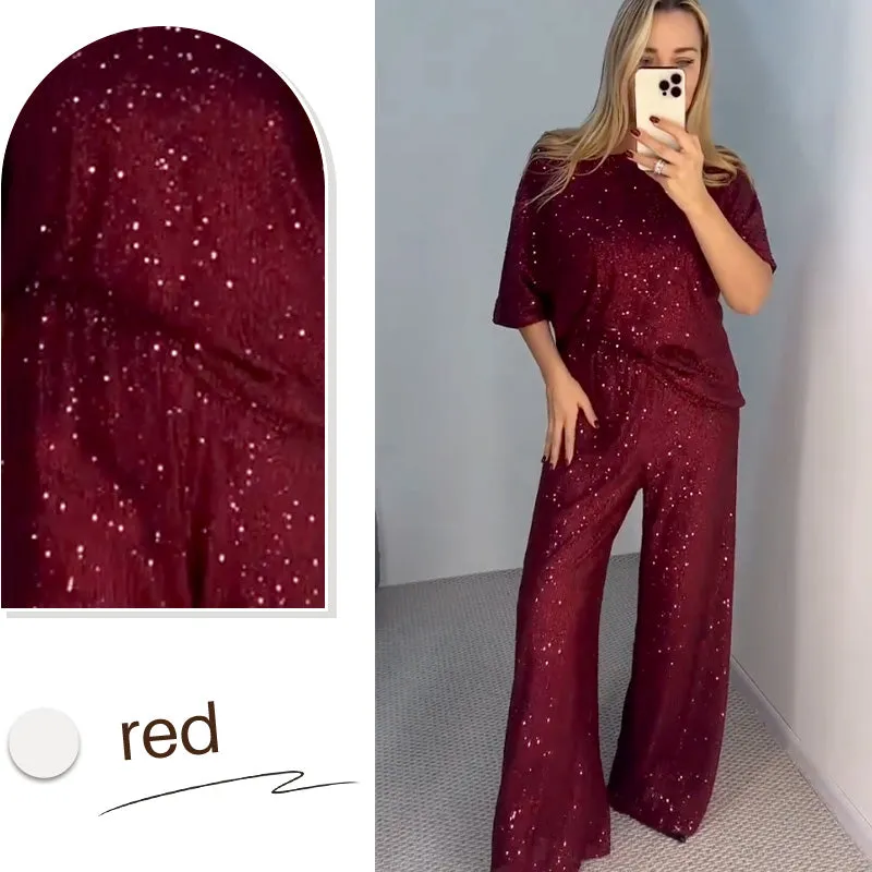 Spring Specials Women's Sequin Crewneck Top & Loose Trousers